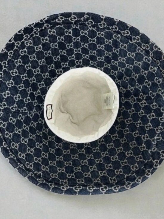 Auth GUCCI GG Canvas Wide Brim Hat Blue Eco Denim Bucket Sun Hat Incl Dust Bag M